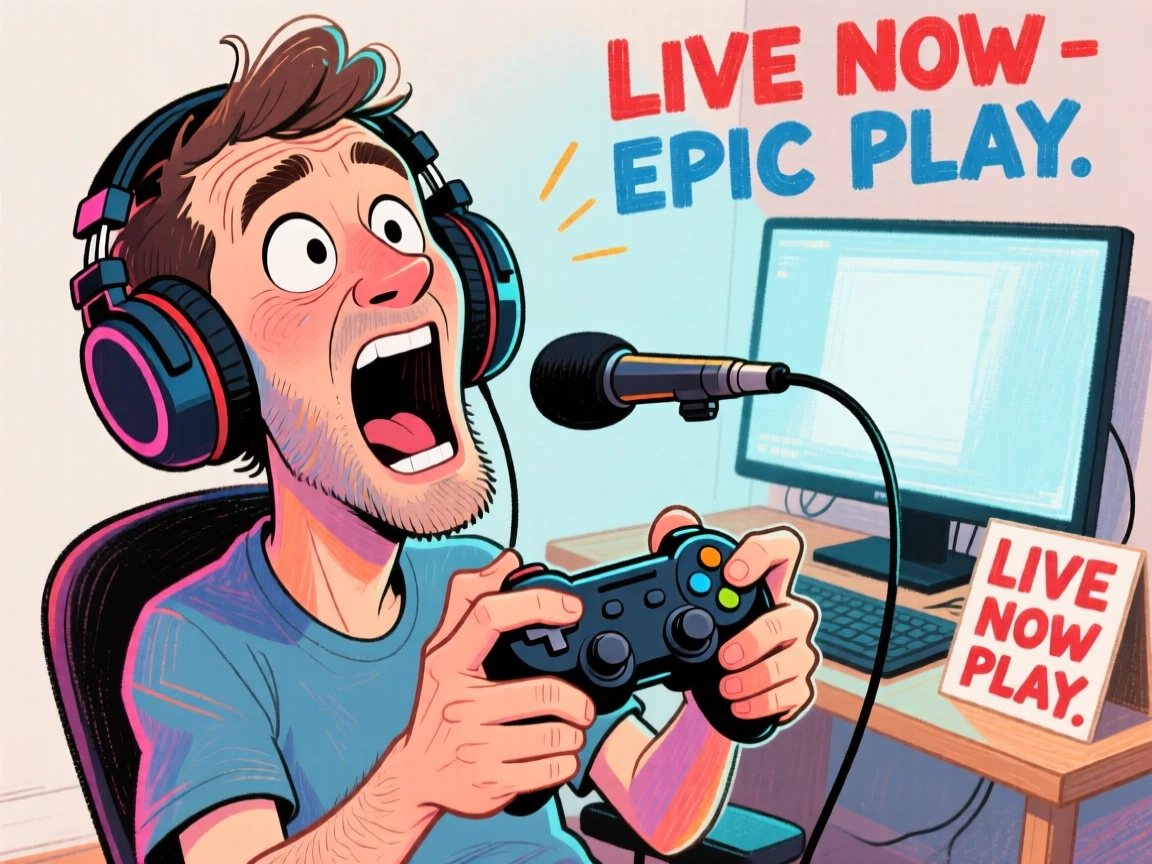 A man livestreaming a video game session, headset on, reacting dramatically to the screen.