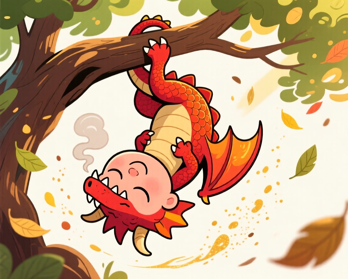 A charming animal moment featuring a fierce baby dragon napping in the most improbable position imaginable, as leaves and dust scatter around it.