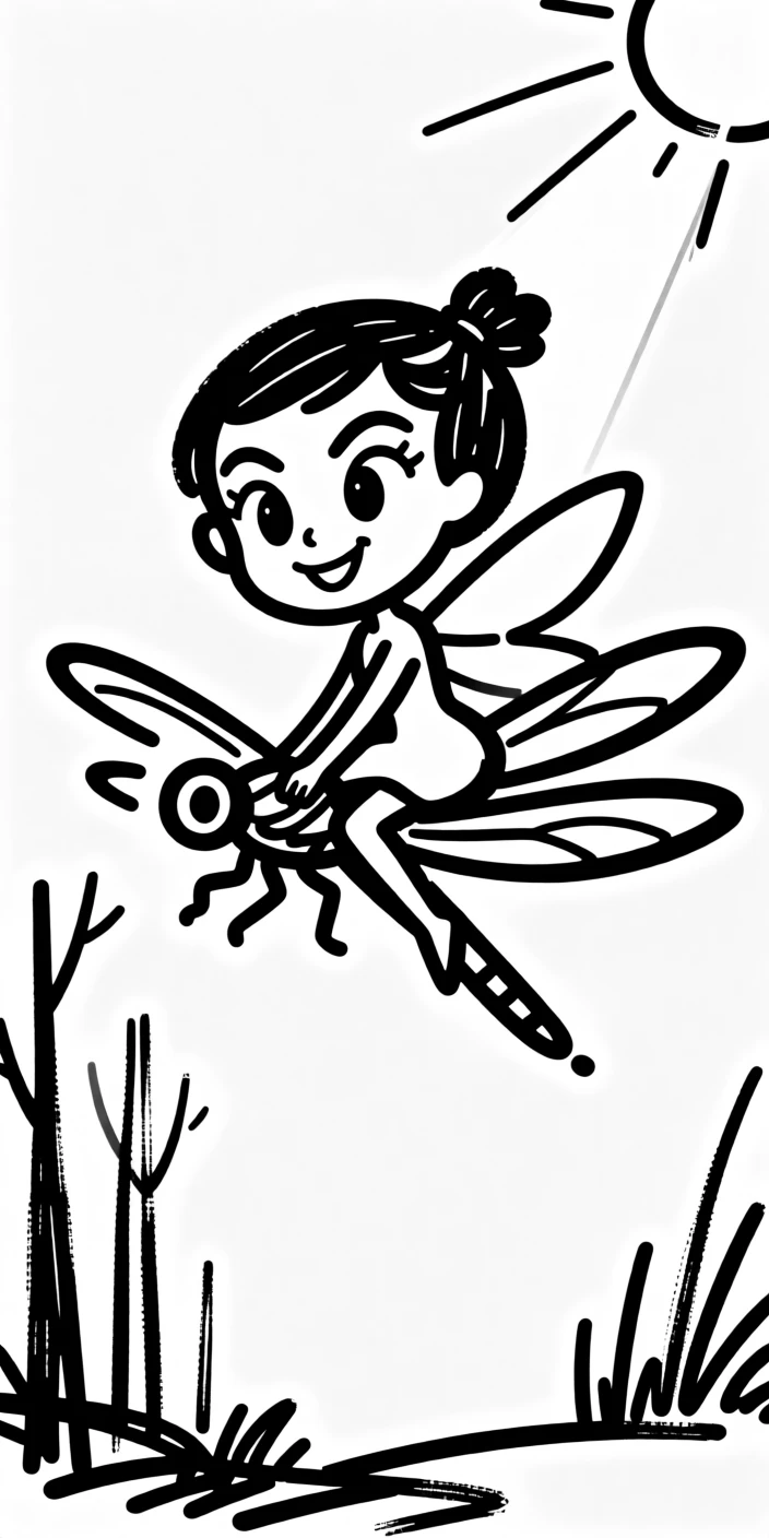 A woodland fairy riding a dragonfly through a sunbeam in an enchanted glade.