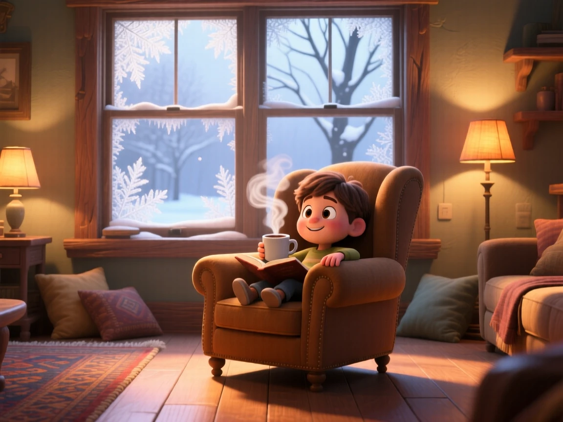 A young reader curled in an armchair sits beside a window streaked with morning frost, sipping a steaming mug of cocoa. A deep sense of comfort and quiet contentment fills the room, with warm shadows dancing on the walls.