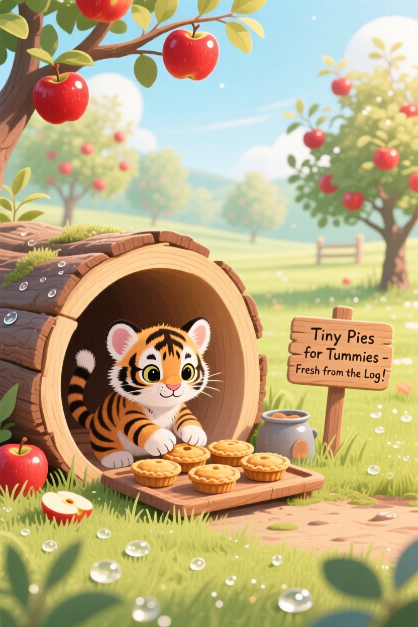 In an apple orchard, a striped tiger cub spends the afternoon baking tiny pies in a hollow log, as morning dew glistens on the grass.