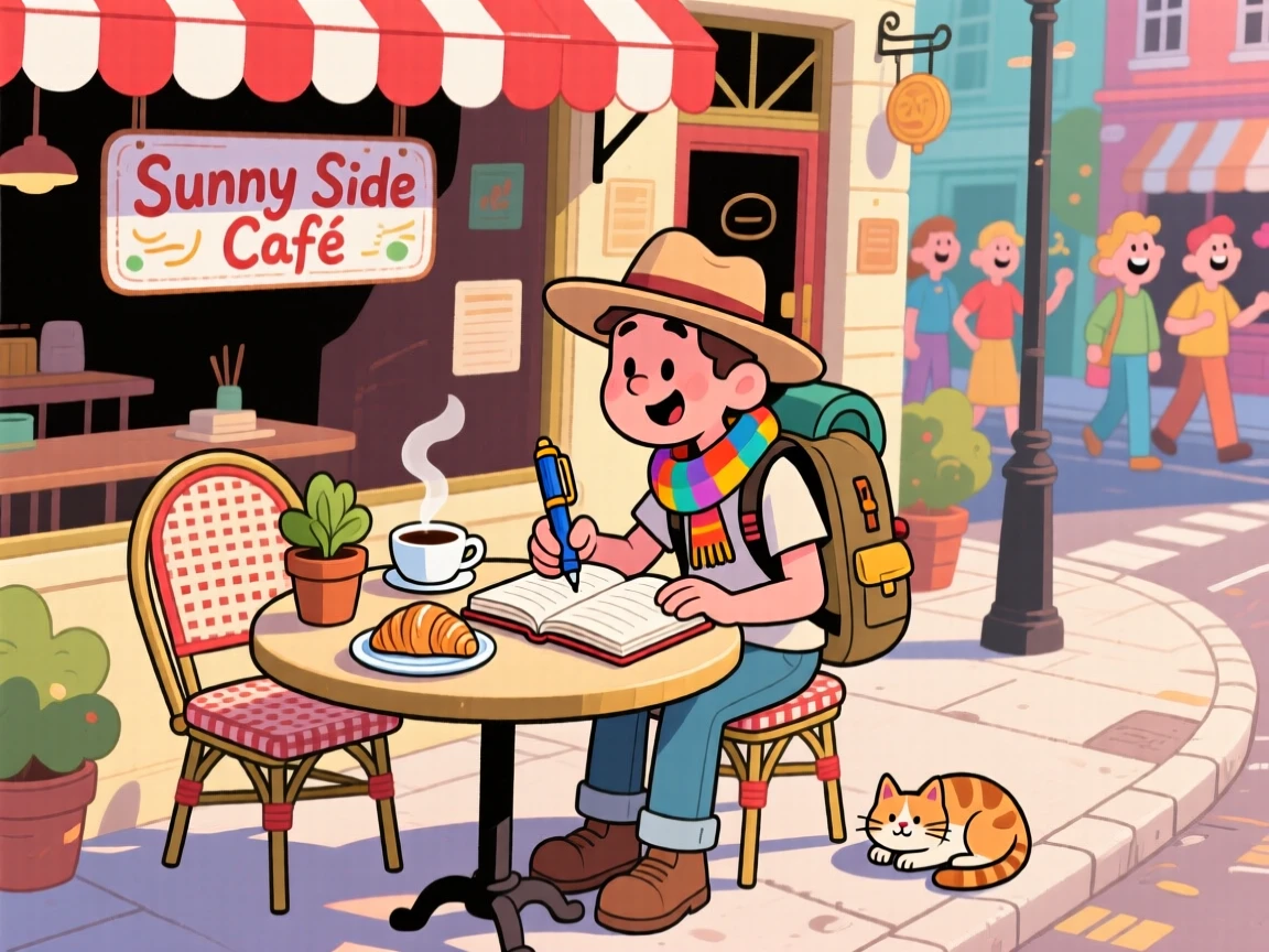 A traveler journaling over coffee at a small sidewalk cafe.