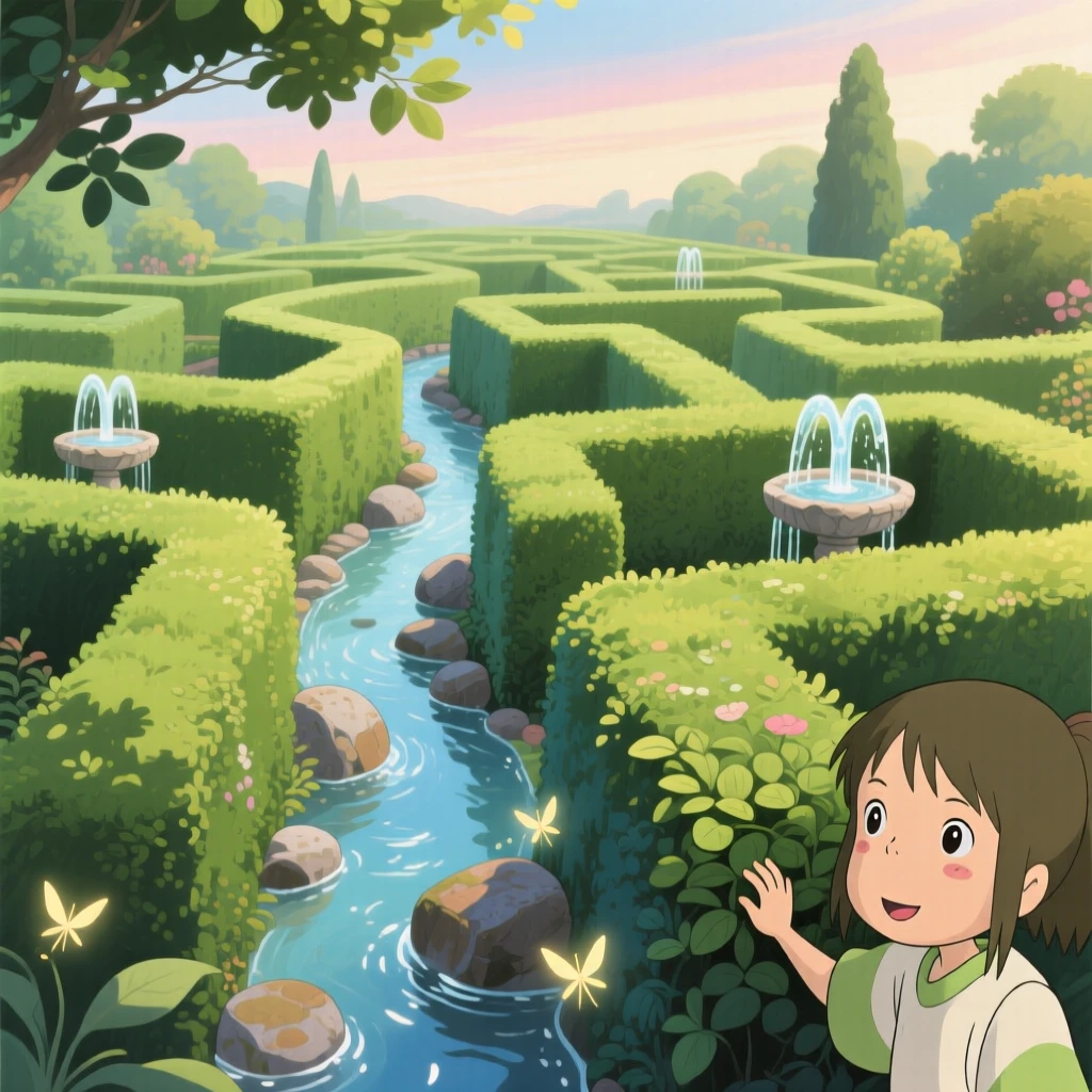 A garden maze of tall hedges and trickling fountains, a narrow stream trickling over smooth stones, creating a scene of quiet natural magic.
