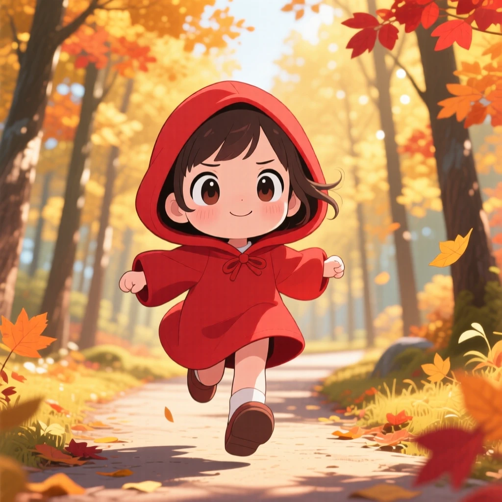 Extreme close-up: a small girl in a red hooded cloak, skipping through a sunlit forest path, set against a storybook woodland during golden autumn harvest season, with bright midday sun and a mood of proud determination.