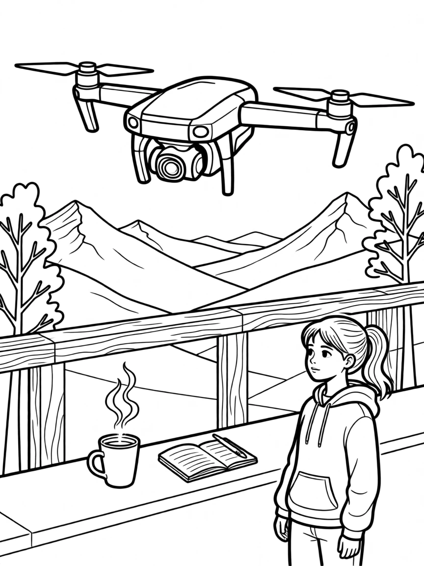 A drone hovering above a scenic mountain overlook, with a cup of coffee steaming nearby.