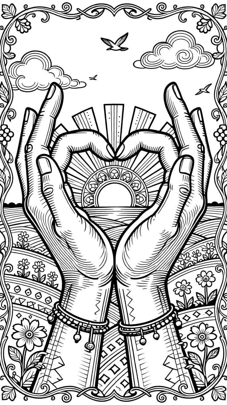 A pair of hands forming a heart shape framing a distant sunrise.