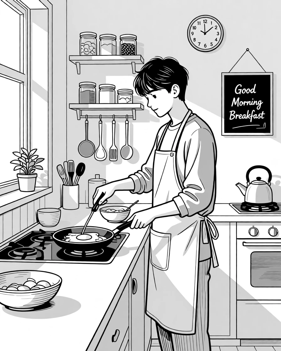 A person cooking breakfast in a cozy kitchen