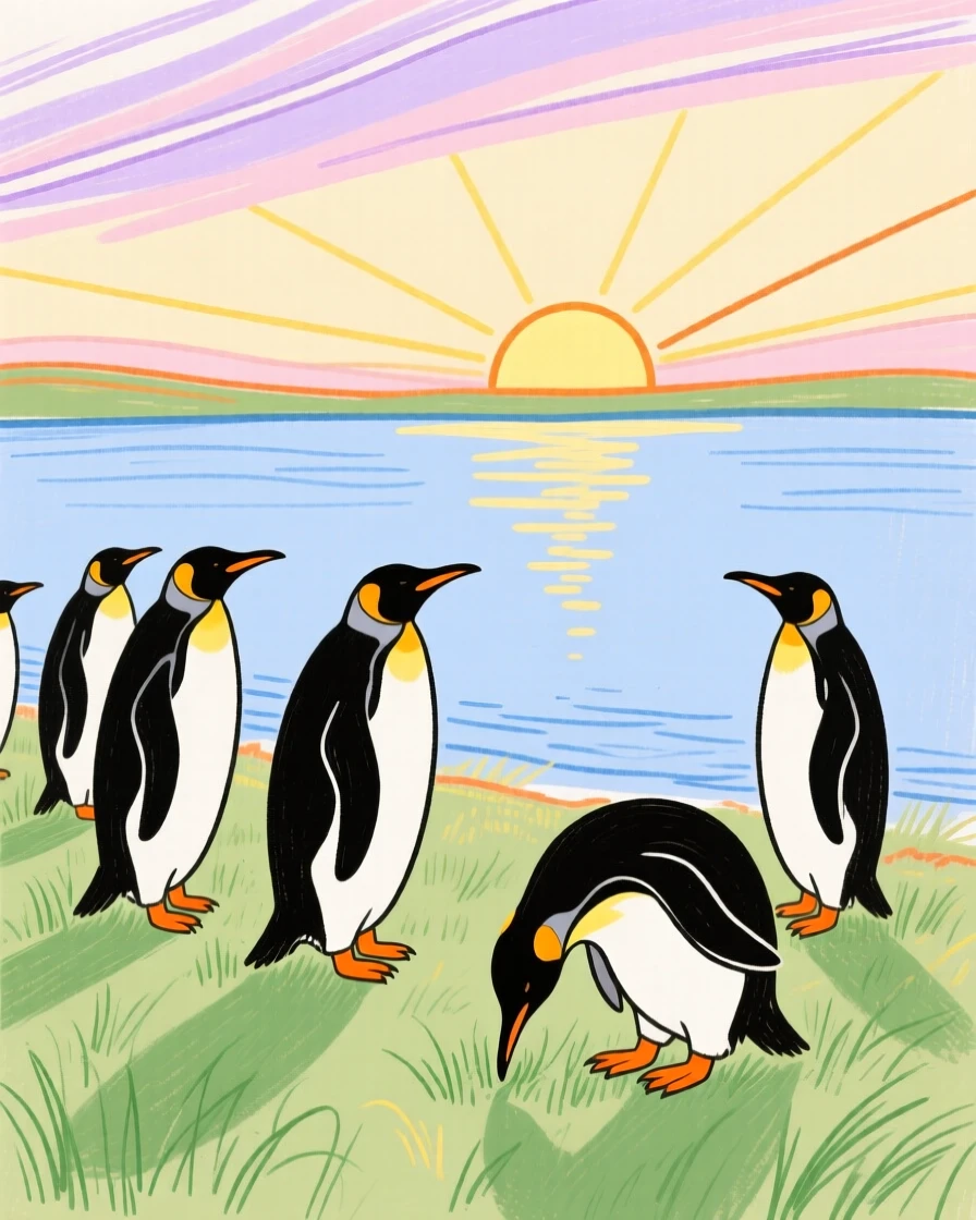 A group of penguins grazing beside a still lake at sunrise.