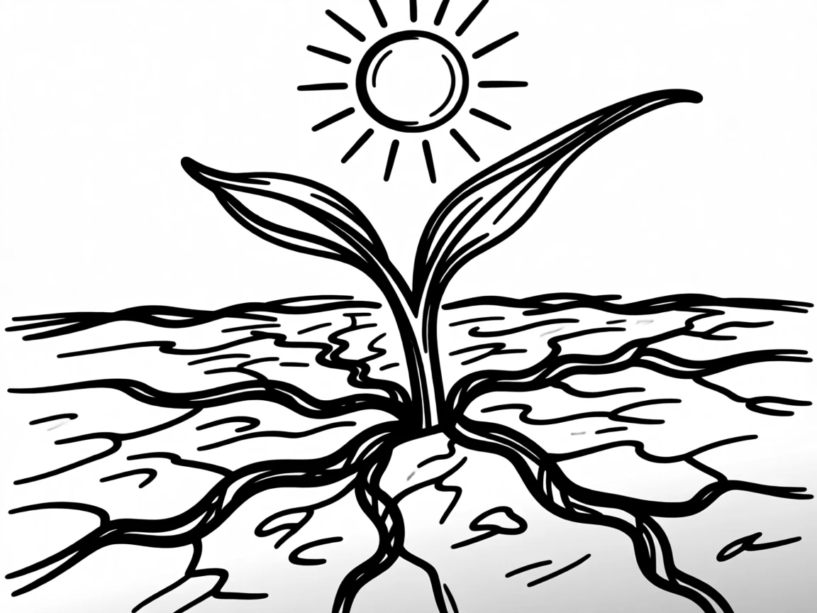 A small seedling breaking through cracked, dry earth toward the sun.