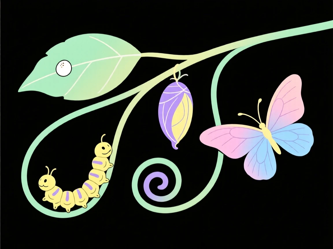 An illustration of the stages of a caterpillar becoming a butterfly.