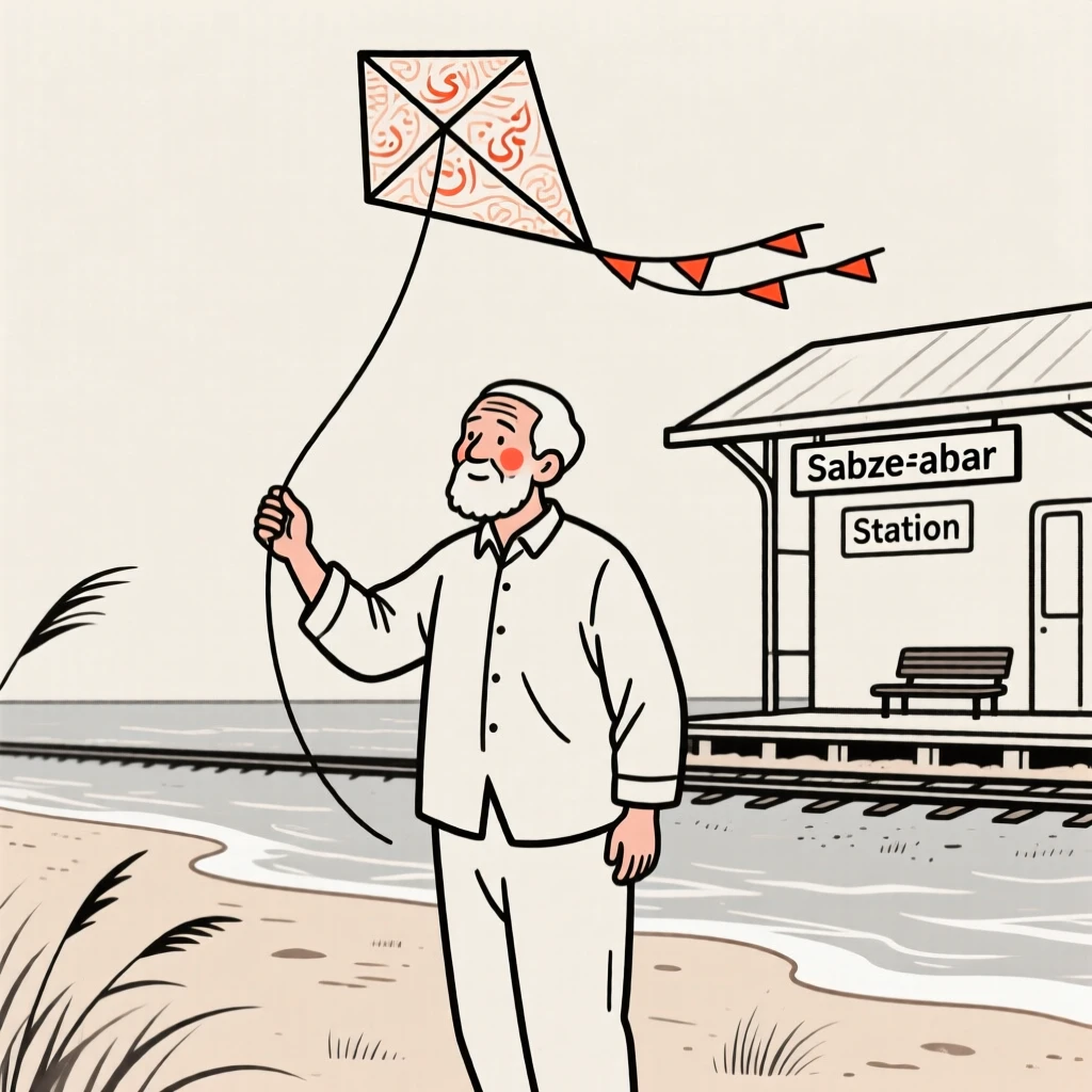 An elderly man of Iranian heritage flying a kite on a windy beach, at a rural train station.