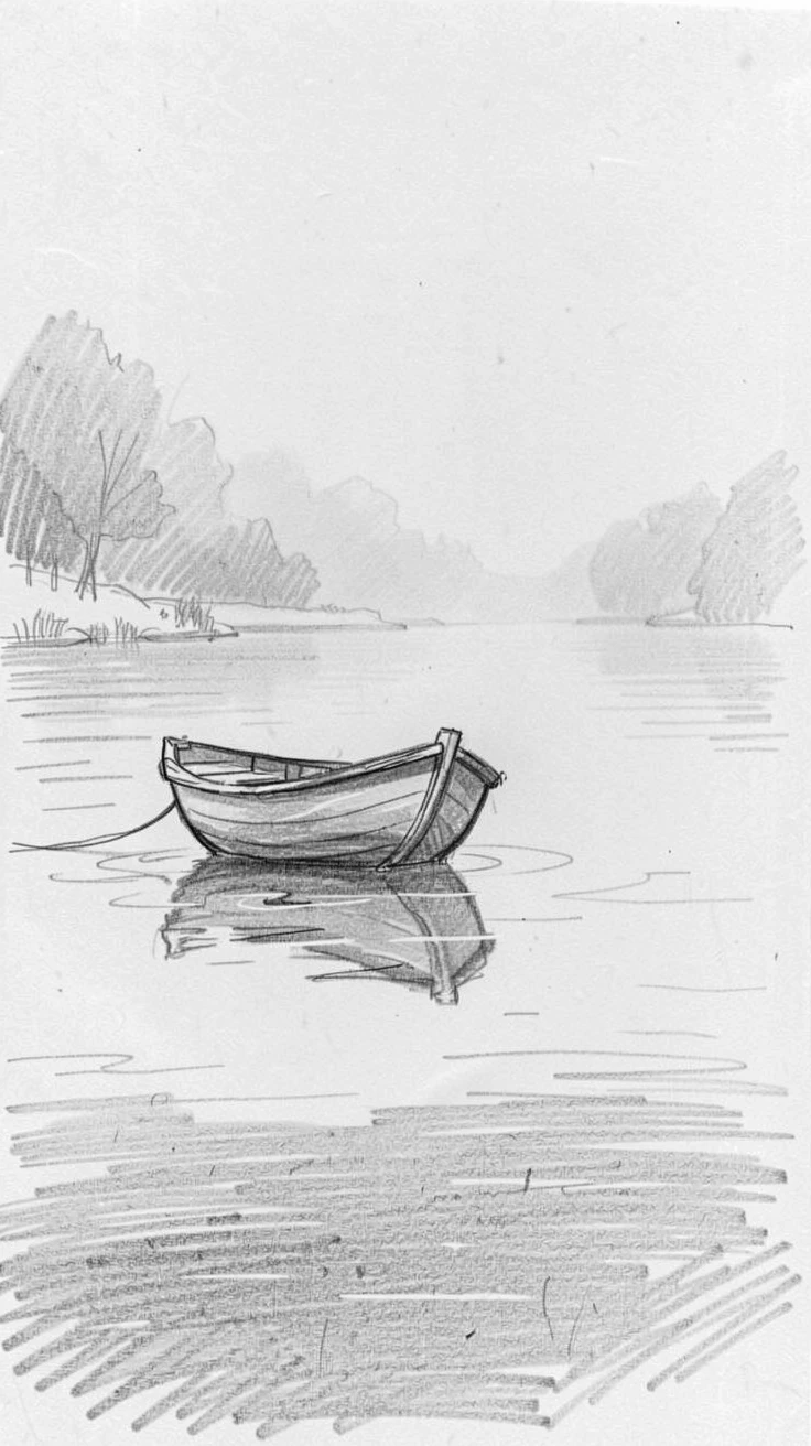 A peaceful moment of a single boat drifting on a still glassy lake amid gentle morning mist, offering a feeling of quiet gratitude.