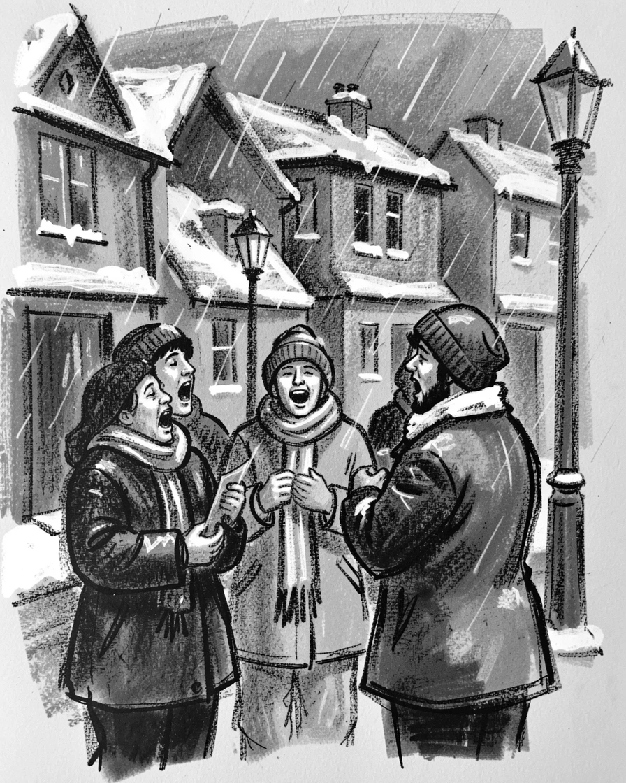 A group of carolers singing outside snow-dusted houses, as gentle rain patters down around them.