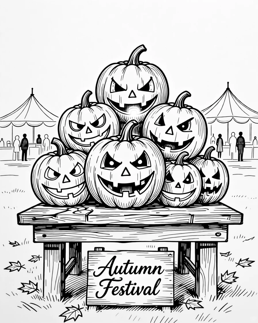 A festive autumn festival with a display of carved pumpkins glowing at dusk.