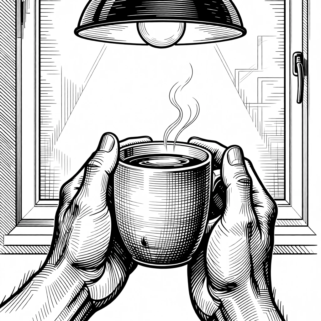 A pair of hands cupping a warm mug of coffee beneath the glow of a single warm lamp, with a window fogged slightly at the edges, evoking a warmly comforting sense of calm.