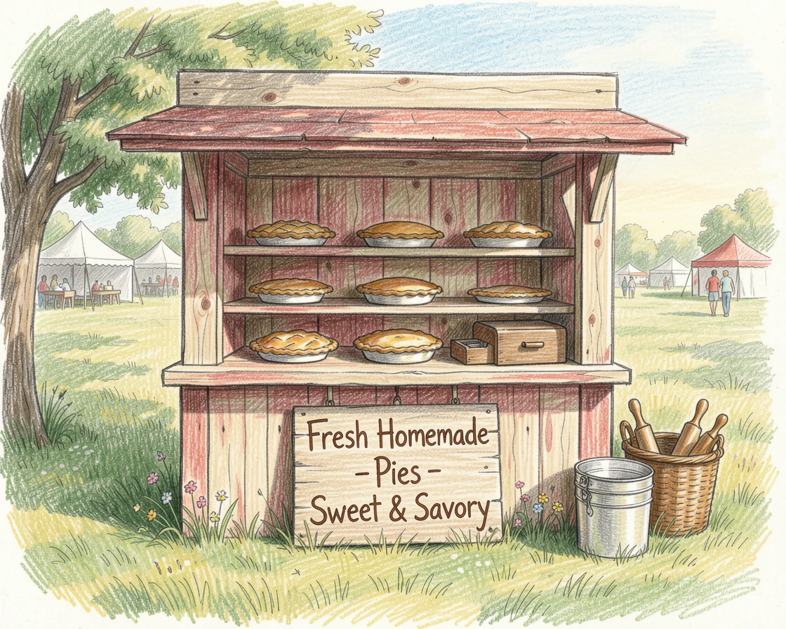 A rustic countryside pie stand at a summer county fair, with a gentle play of light and shadow across the composition, perfect for anyone drawn to gentle, heartfelt imagery.