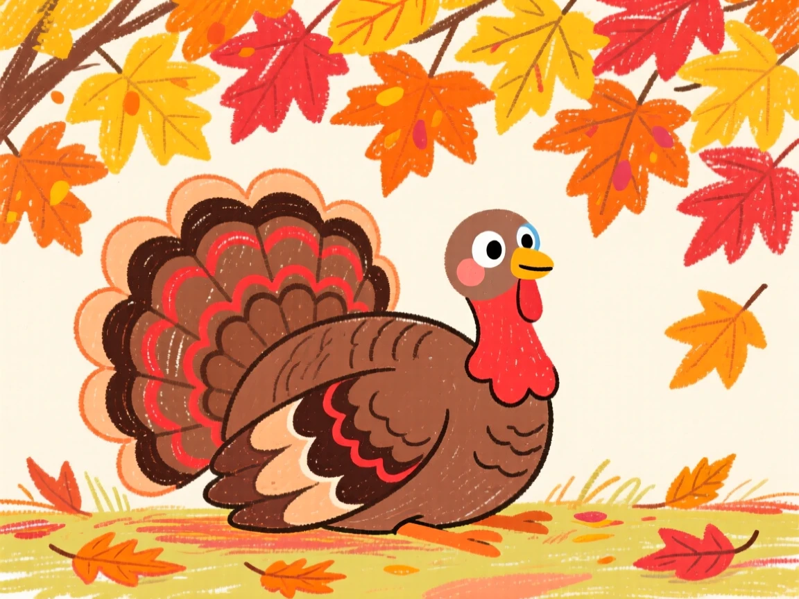 A wild turkey resting quietly beneath a canopy of autumn leaves.