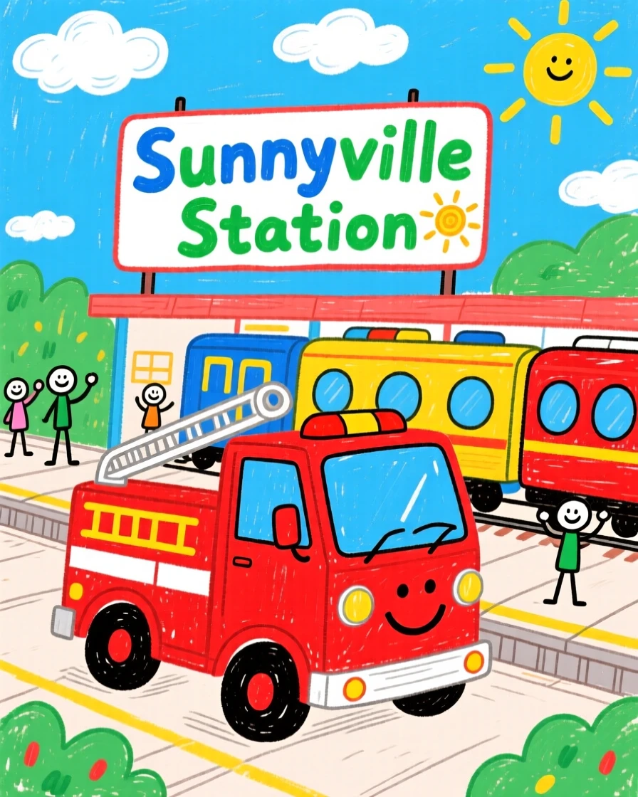 A bright red fire truck loading up at a bustling train station.
