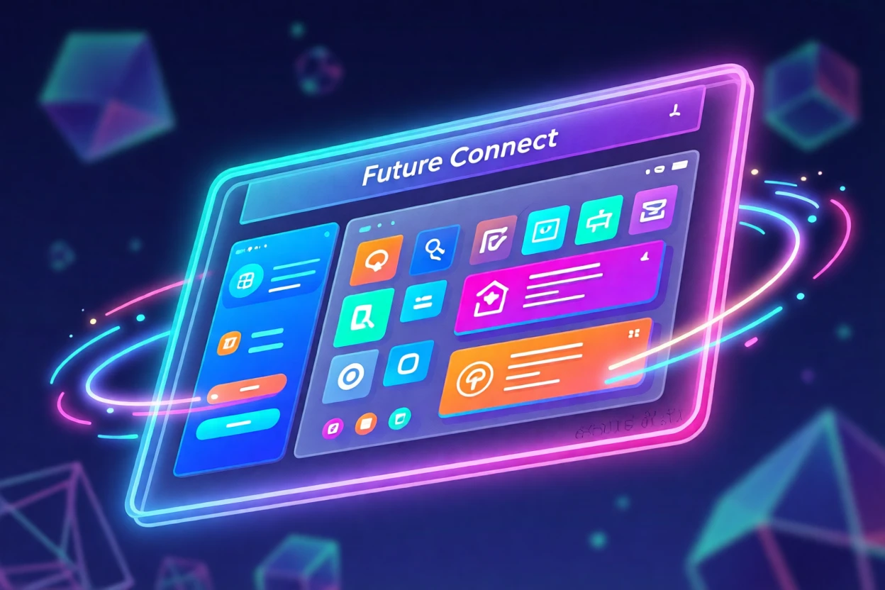 A colorful app interface displayed on a floating translucent screen, surrounded by soft glowing neon accents, framed from a striking low angle for a sense of scale, with a subtle sense of wonder about future possibilities.