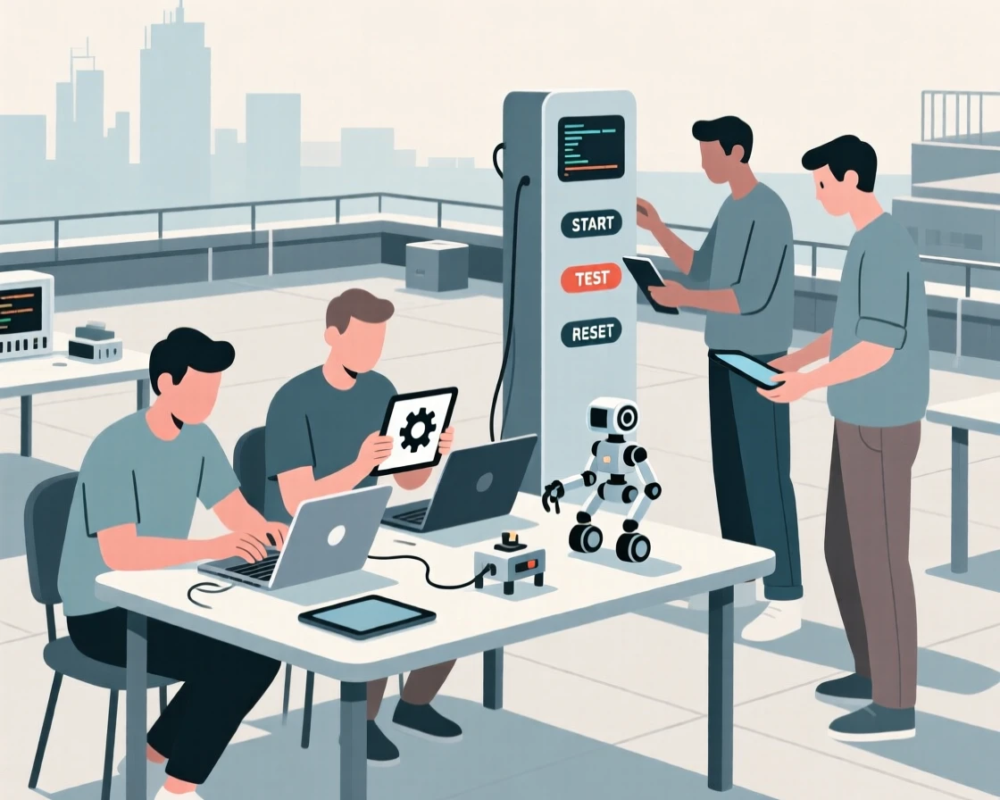 A group of programmers testing new equipment in a rooftop testing site.