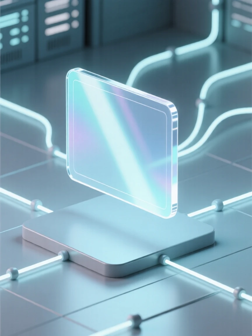 A sleek holographic display in use placed in a quiet data center, surrounded by a network of glowing wires, conveying inventive curiosity.