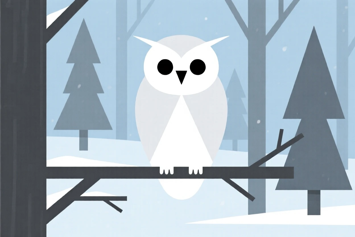 A snowy owl perched in a winter forest