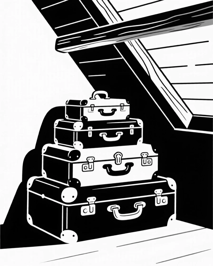 A stack of vintage suitcases in an attic corner.