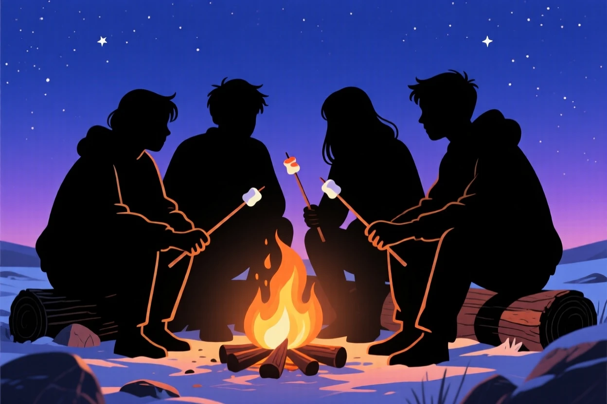A group of friends toasting marshmallows over a fire on a cold night.