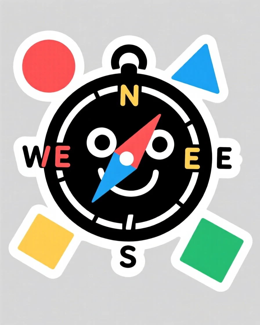 A gently expressive smiling cartoon compass teaching directions, surrounded by simple colorful shapes, bringing a smile to young learners.