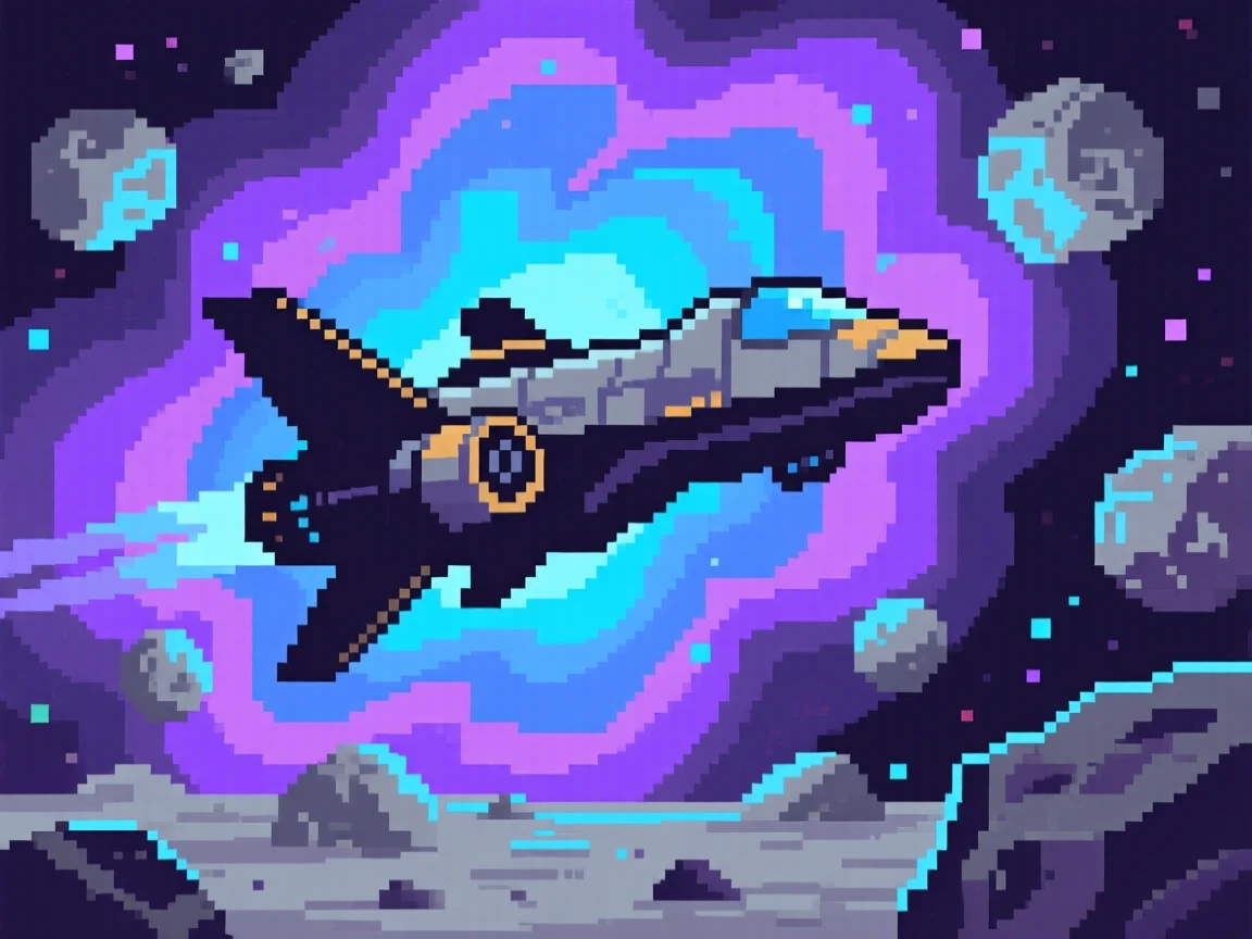 A spacecraft drifting past colorful nebulae floating peacefully among a field of asteroids, within a nebula glowing in shades of purple and blue.