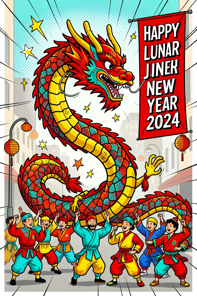 A Lunar New Year dragon dance winding through the streets