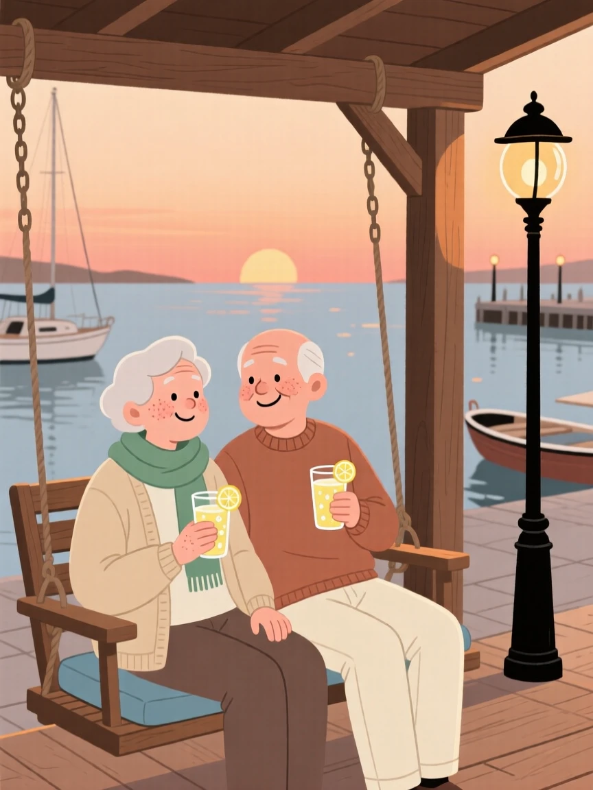 Two old friends sit on a porch swing overlooking the harbor at sunset, sharing glasses of lemonade and easy laughter as the streetlights flicker on one by one.