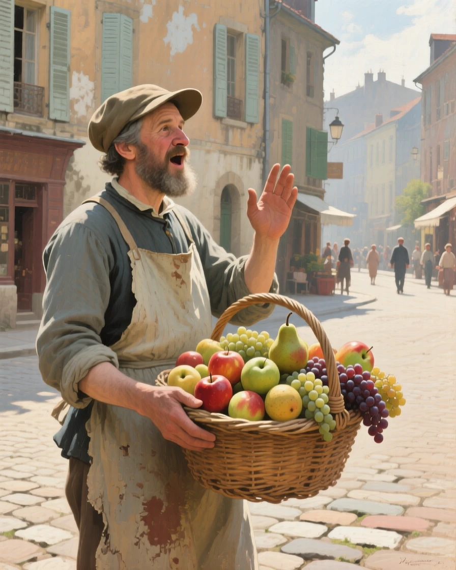 A medium shot of a street vendor calling out to passersby with a basket of fruit, at midday, in the late 19th century.