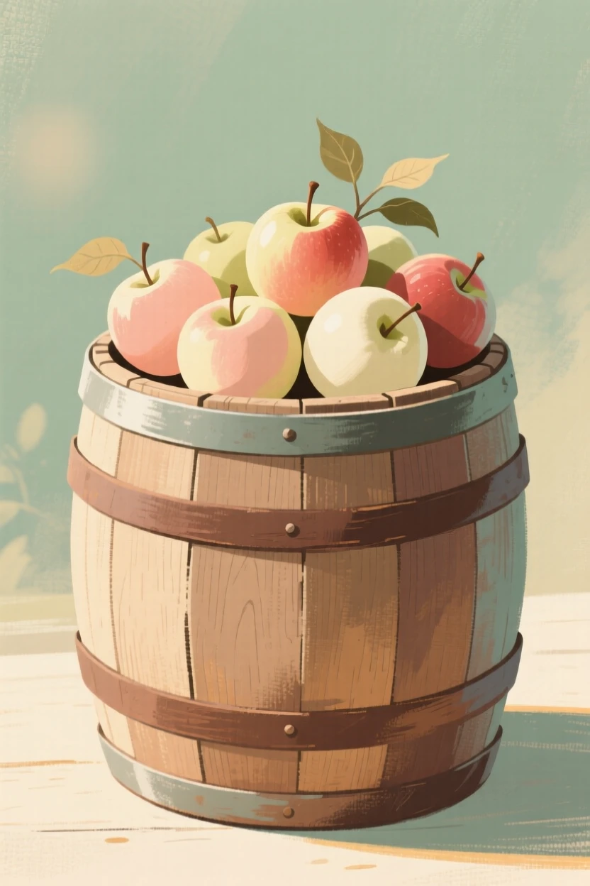 A wooden barrel filled with freshly picked apples