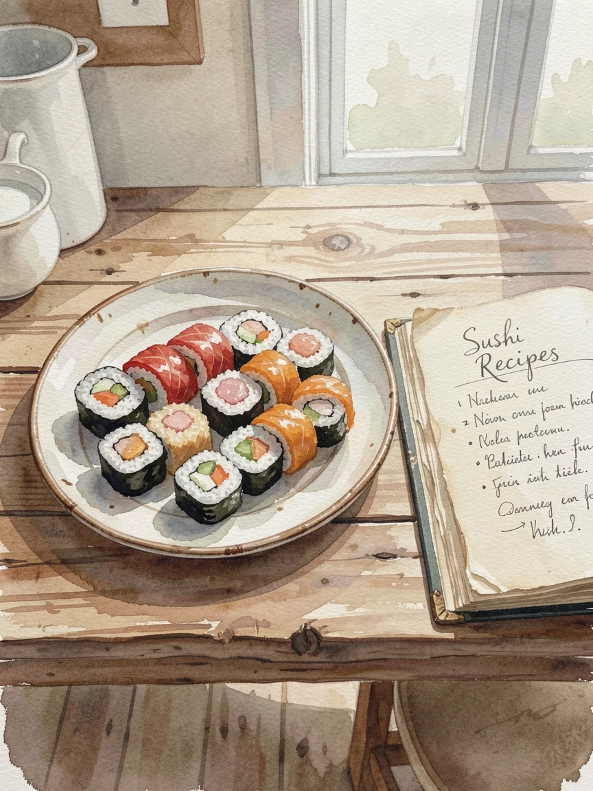 A plate of colorful sushi rolls on a farmhouse kitchen table next to an open cookbook.
