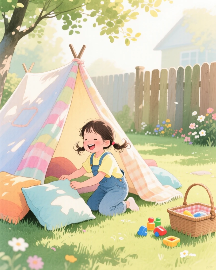 A little girl in overalls builds a small fort out of blankets in a sunlit backyard, laughter and joy filling the warm afternoon air