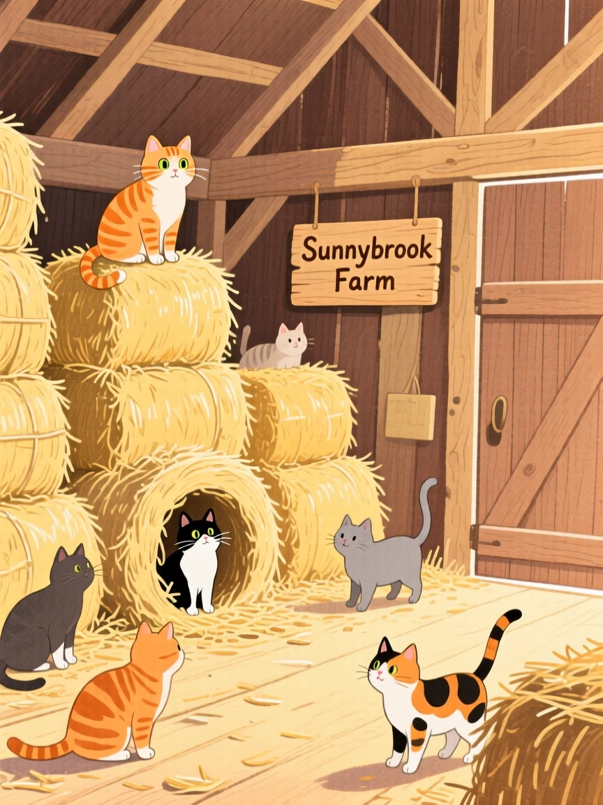 A charming scene of a barn full of hay bales and curious farm cats.