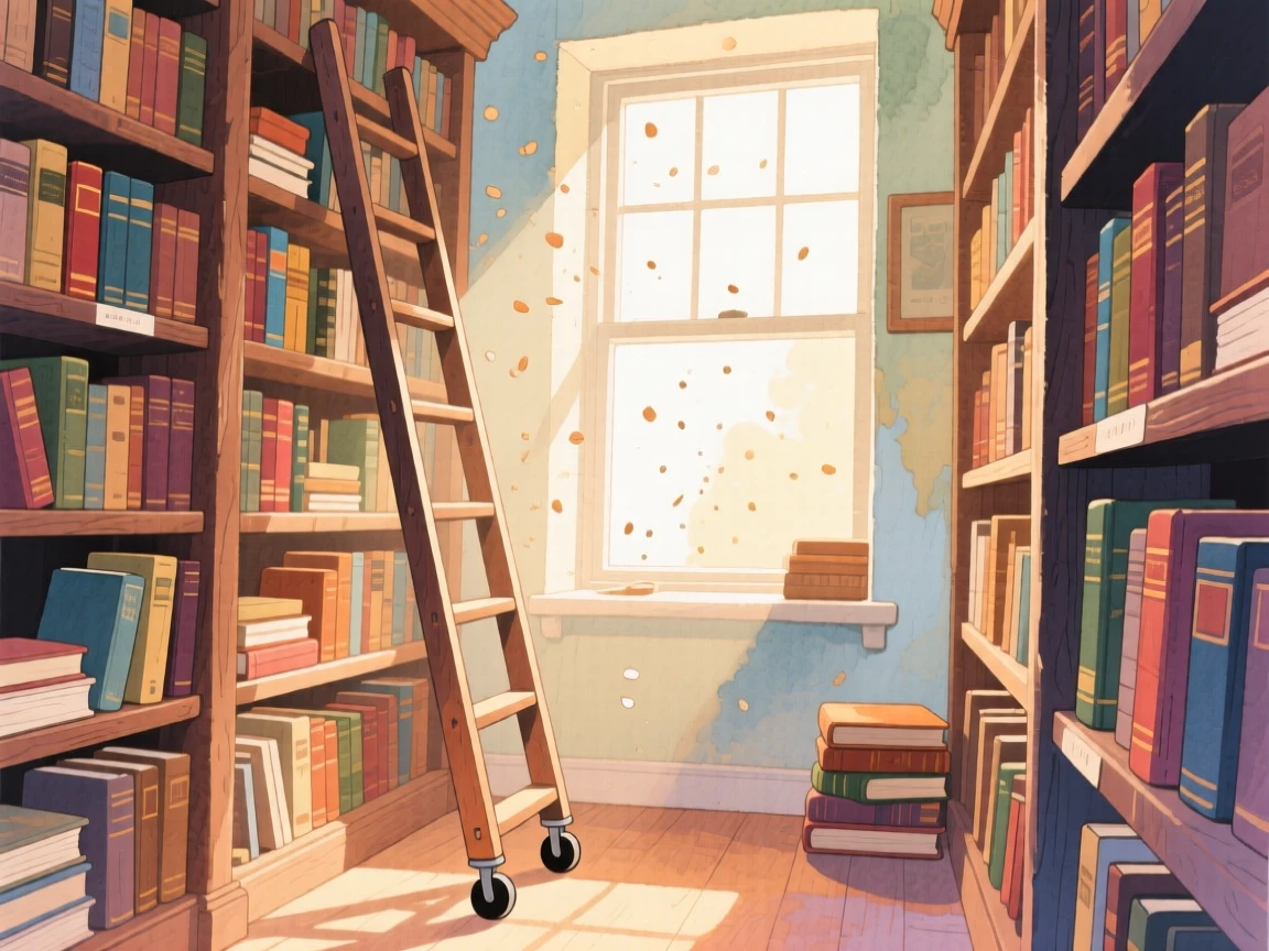 A cozy library corner with a rolling ladder and shelves stacked with old books, with sunlight catching dust motes in the air, filled with quiet gratitude for life's small pleasures.