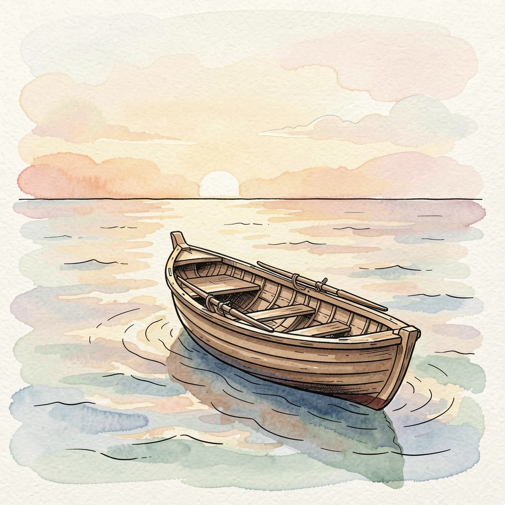A small boat setting out alone across a vast calm ocean at dawn, warm light framing the scene with gentle optimism.
