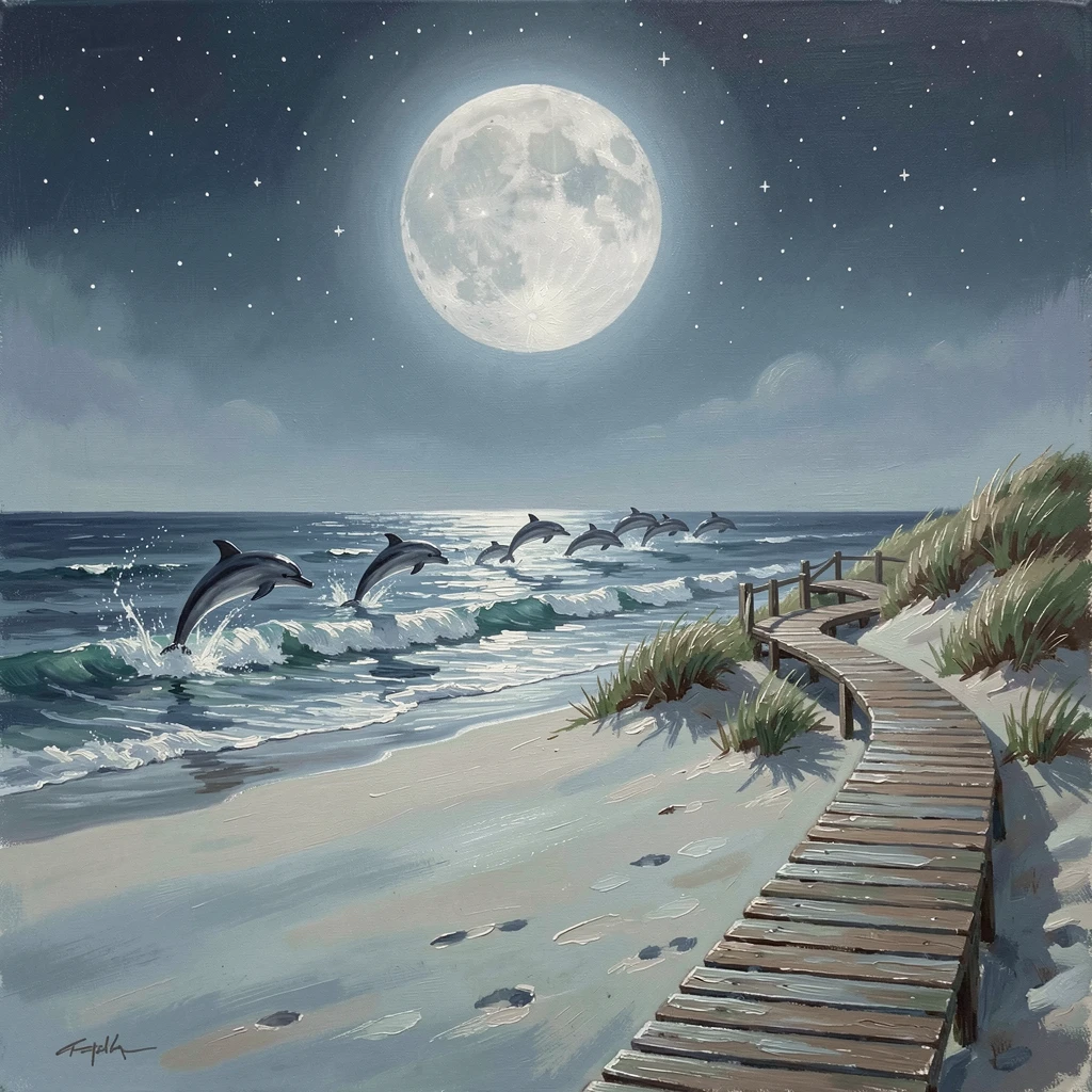 Under a full moon, waves glowing faintly with moonlight, a wide, empty sandy beach, with a winding wooden boardwalk leading to the dunes, a pod of dolphins leaping just beyond the breakers.