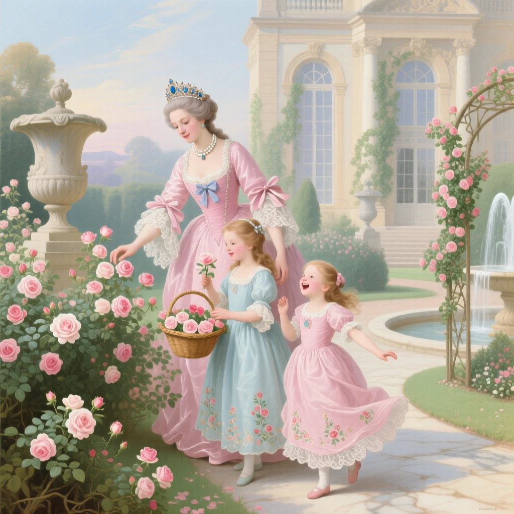 A queen and her daughters gathering roses in a palace garden  