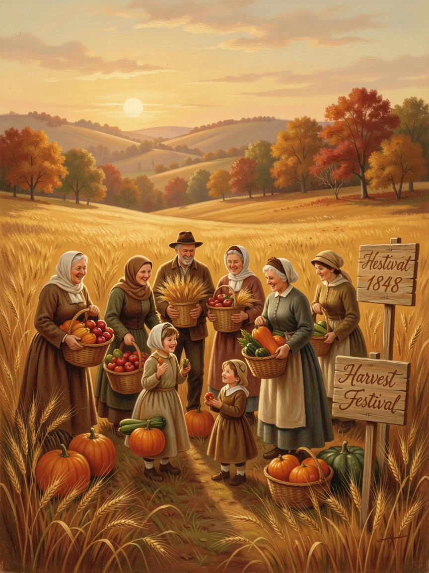 A family celebrates a harvest festival together in a golden field.