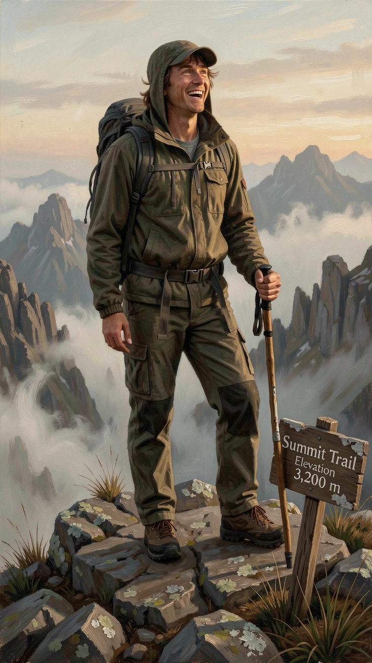 A hiker standing triumphantly atop a fog-covered mountain peak, with genuine joy and awe visible on every face, offering a vivid, awe-inspiring window into a far-off adventure