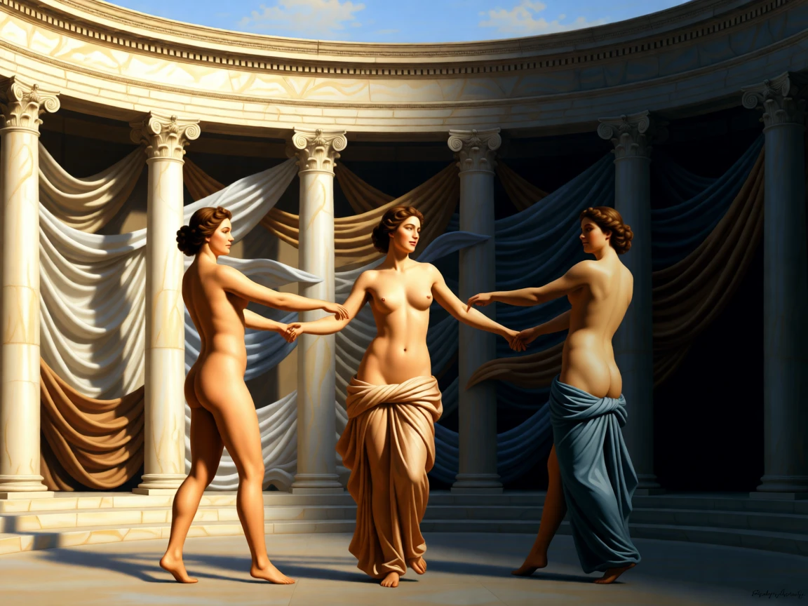 The three graces dancing in a circle of eternal harmony as light and shadow embody opposing truths, set within a classical temple open to the heavens, with drapery caught in a wind that seems to come from another world; contrasting light and shadow divide the canvas into meaningful halves, capturing the eternal struggle between light and shadow.