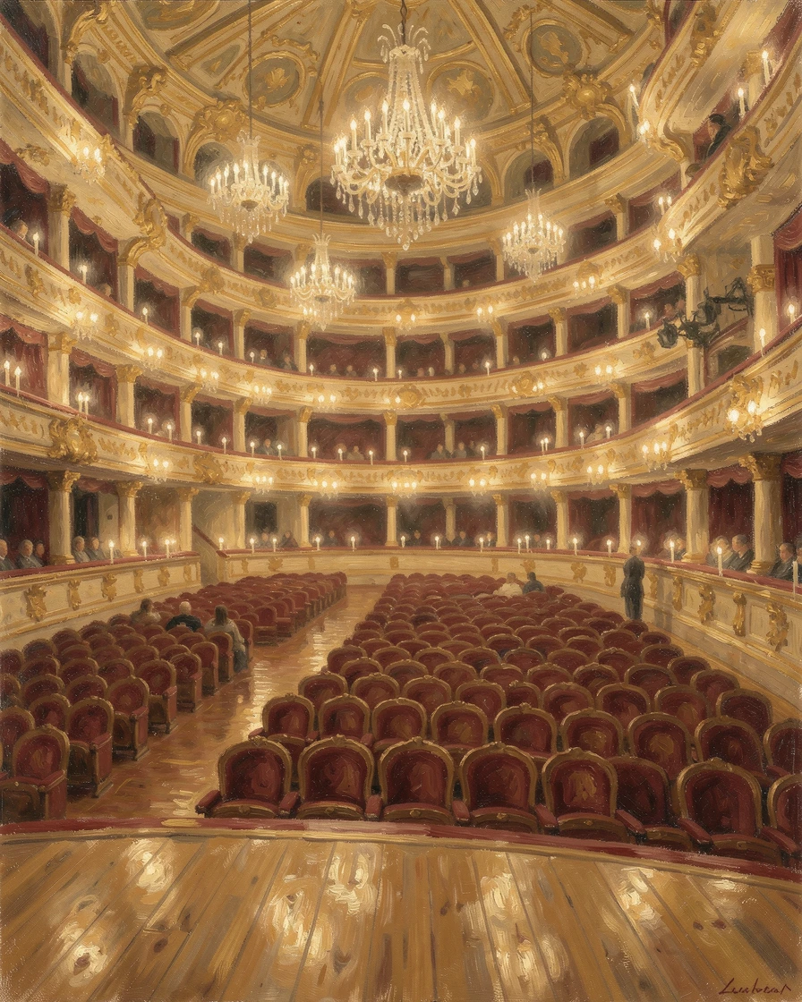 A grand opera house interior glowing with candlelight before a nineteenth-century evening performance, in the gentle hush of early morning.