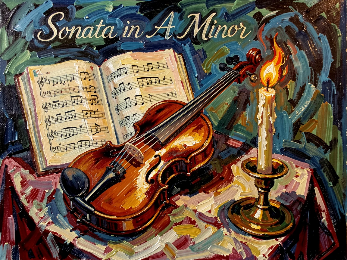 A still life of a violin resting beside sheet music and a single burning candle.