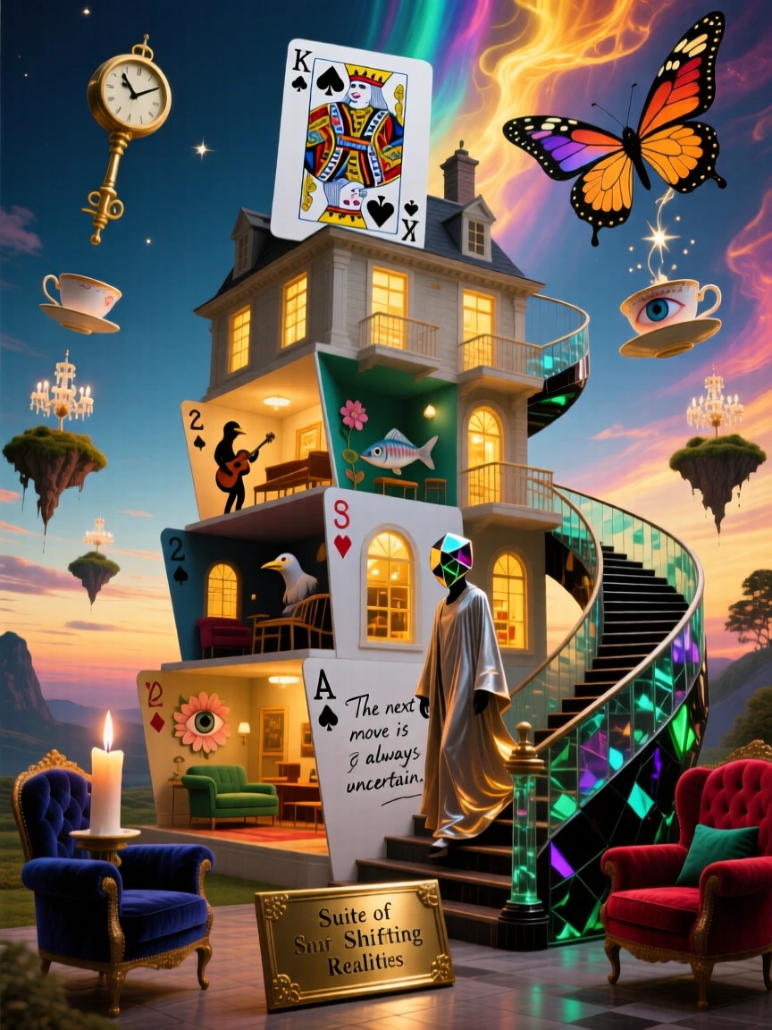 A mansion whose rooms are stacked like playing cards sits quietly at the edge of an endless staircase, as a lone traveler climbs toward its summit.