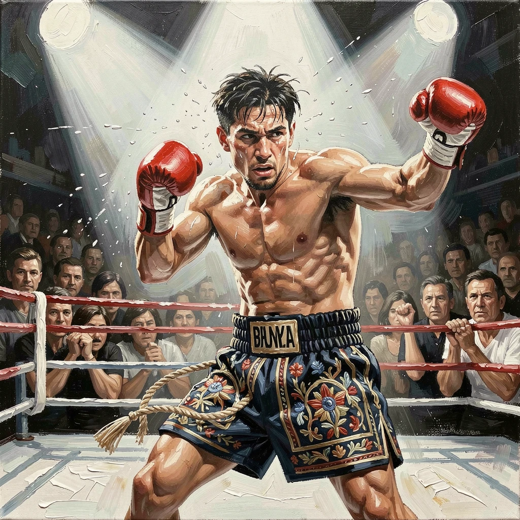 A boxer throws a powerful punch beneath bright ring lights, sweat flying as the crowd leans forward in anticipation, small traditional details in costume and decoration rewarding a closer look.