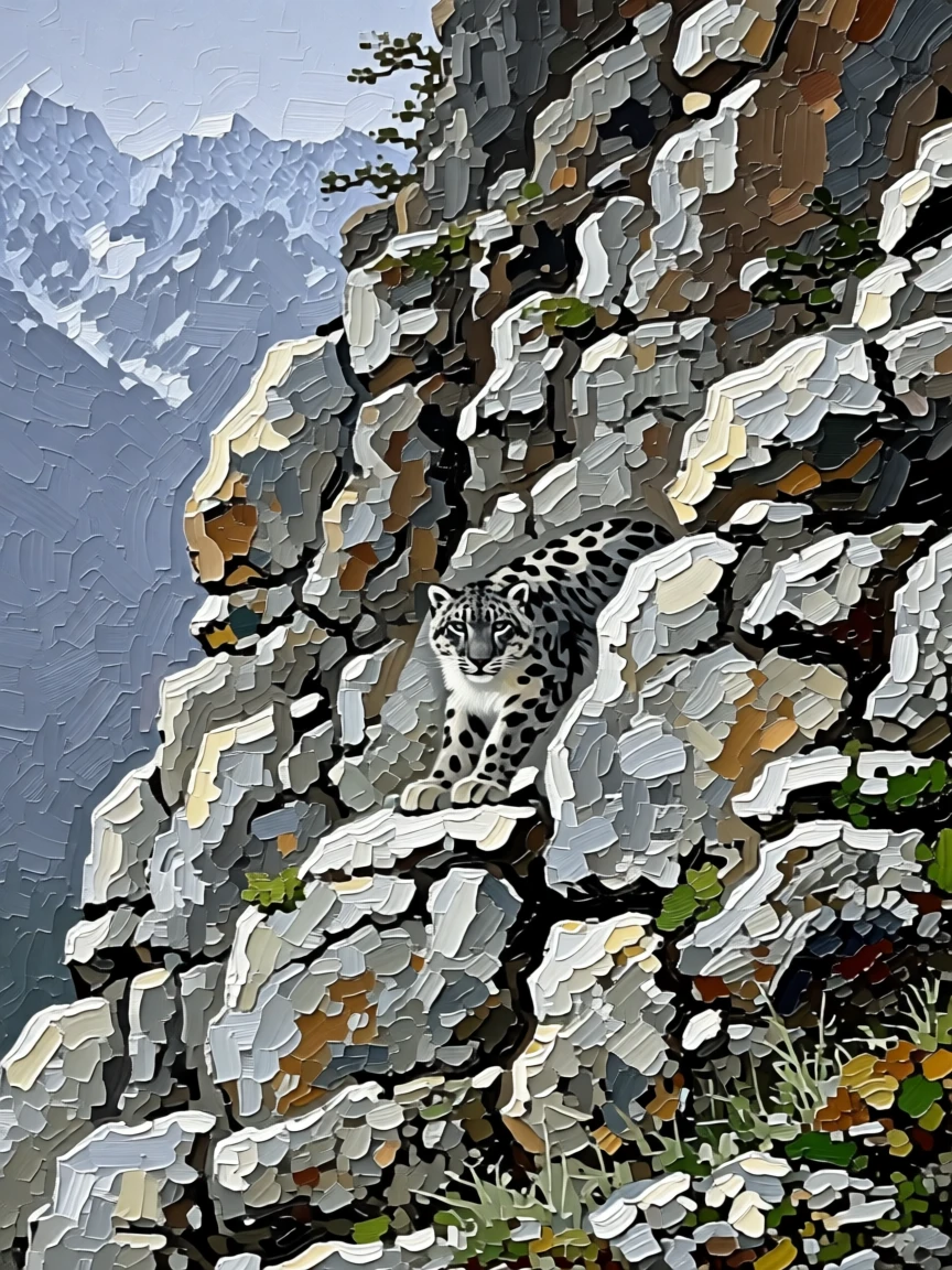 A snow leopard perfectly camouflaged against a rocky Himalayan cliff face