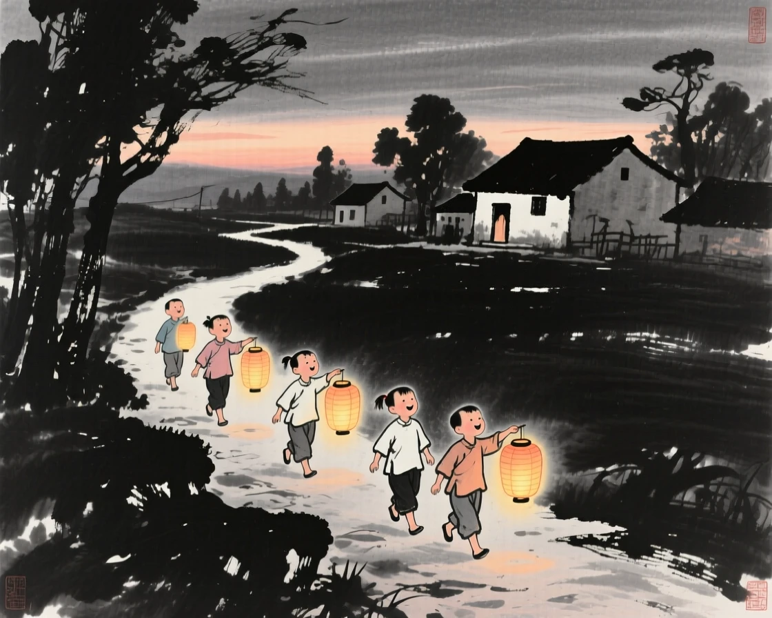Children carry glowing paper lanterns through a village at dusk, as distant laughter drifts across the quiet evening.